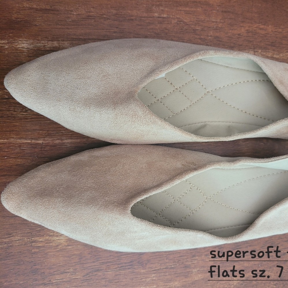 Flats. Size 7.  Pointed Toe. Buff. Faux Suede. Brand New/Never Worn.